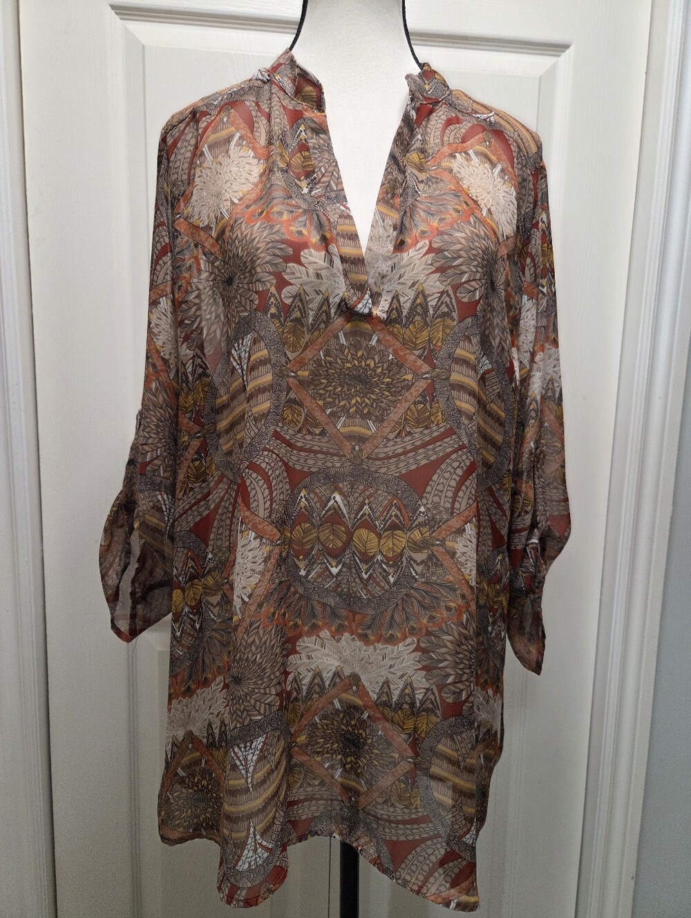 Libian Sheer Printed V-Neck Tunic Top - Rust Multi